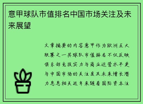 意甲球队市值排名中国市场关注及未来展望