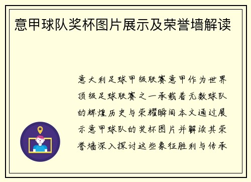 意甲球队奖杯图片展示及荣誉墙解读